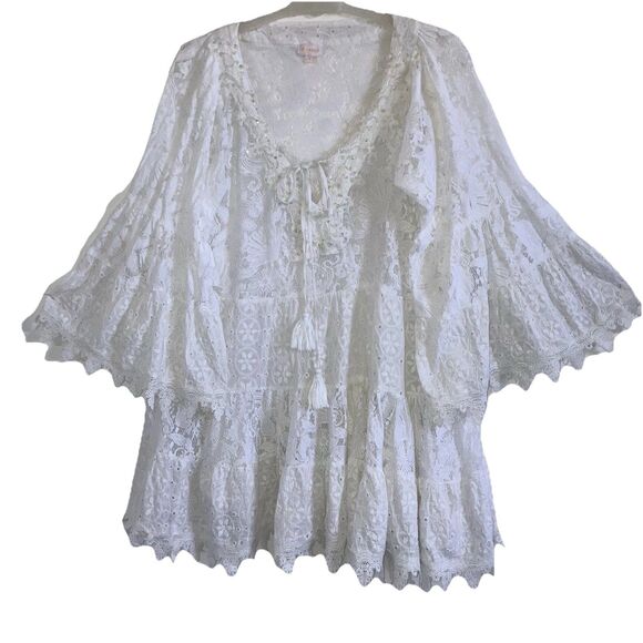 RANEES sz L / XL White Cotton Lace Beaded Flouncy Dress Swim Beach Cover Flowy - Picture 3 of 6